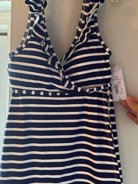 Liz Claiborne Navy and White Striped Swim Top